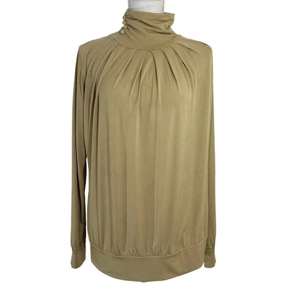New York & Company High Neck Blouse Fabric Covered Buttons Gold Dressy Elegant - Picture 1 of 8